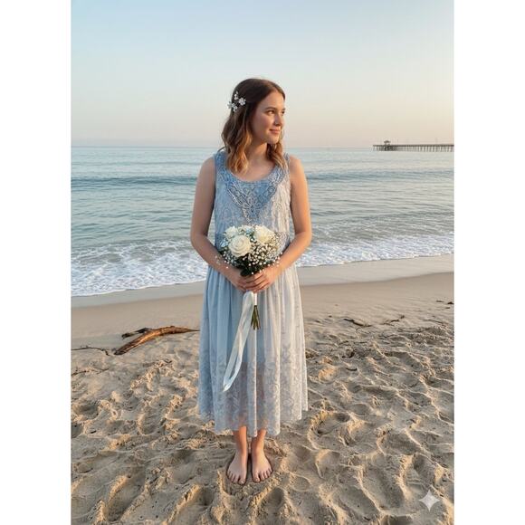 SUNDANCE Love Always Blue Lace Overlay Midi Dress Sz 6 Beach Coastal Romantic - Picture 4 of 14